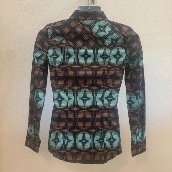 Women's Turquoise with Black and Chocolate Aztec Print Long Sleeve Western Shirt - Picture 2 of 8